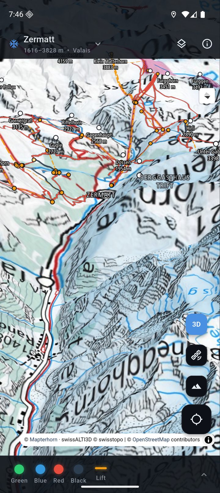 Écran de PisteLoc : Zermatt en relief 3D avec ses pistes